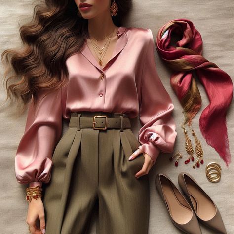 Blush Pink Silk Blouse + Olive Cotton High-Waisted Trousers  Shoes: Taupe Leather Pointed-Toe Flats Accessories: Gold Jewelry, Ruby Red Silk Scarf Two Piece Outfits Pants, Pink Silk Blouse, Inverted Triangle Body Shape, Red Silk Scarf, Triangle Body Shape, Jewelry Ruby, Inverted Triangle, Taupe Leather, Accessories Gold