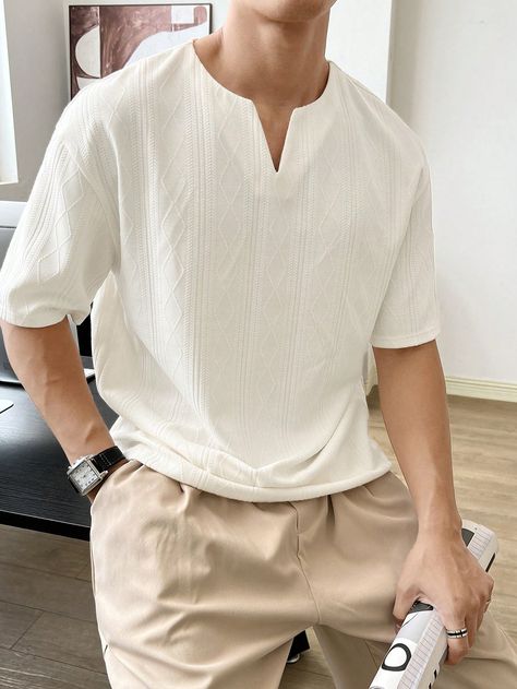 Beige Casual Collar Short Sleeve Knitted Fabric Plain  Embellished Slight Stretch  Men Clothing Drop Shoulder Tshirt, Formal Men Outfit, Drip Outfit Men, Mens Fashion Business Casual, Capsule Wardrobe Essentials, Mens Summer Outfits, Notched Neckline, Beige Outfit, Casual Outfit Inspiration