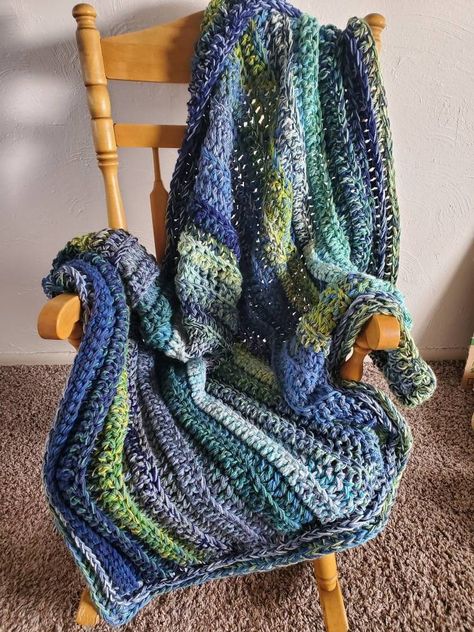 Crochet Blanket Blue, Blue And Green Crochet, Blue Crochet Blanket, Blue Afghan, Needlework Ideas, Textured Acrylic, Green Blanket, Cuddly Blanket, Crochet Blanket Afghan