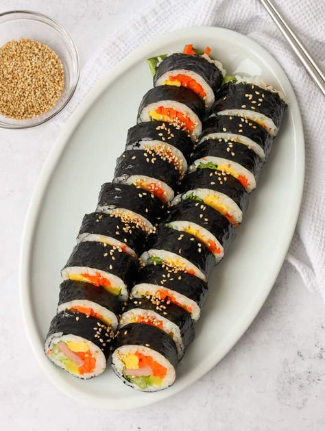 Spam Kimbap - Christie at Home Kimbab Aesthetic, Spam Kimbap, Kimbap Aesthetic, Korean Food Photography, Delicious Food Ideas, Eggs And Vegetables, Healthy Sushi, Korea Food, Sushi Maker