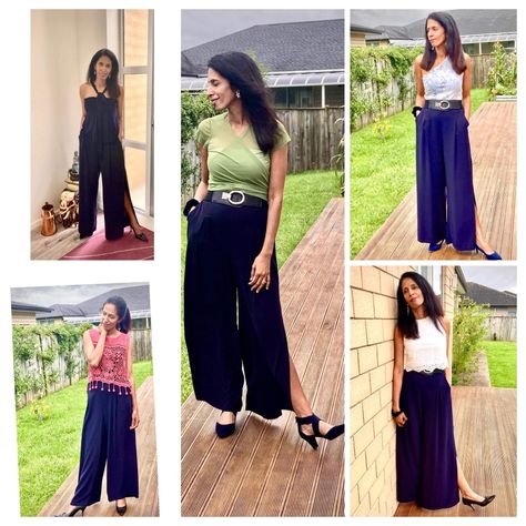 Endless options derived from navy blue palazzo pants. Pants With Side Slits, Plazo Pants, Blue Pants, Casual Style Outfits, Palazzo Pants, Style Outfits, Casual Style, What To Wear, Dark Blue