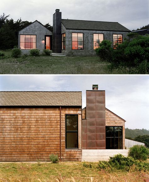 13 Examples Of Modern Houses With Wooden Shingles // The copper chimney that connects the two wings of this beach house works well with the color of the wood shingles on the side. Cedar Siding With Black Windows, Cedar Shake House With Black Windows, Copper Standing Seam Roof, Wood Siding House Exterior, Shingle House Exterior, Cedar Shake House, Wood Shingle Siding, Wooden Shingles, Cedar Shingle Siding