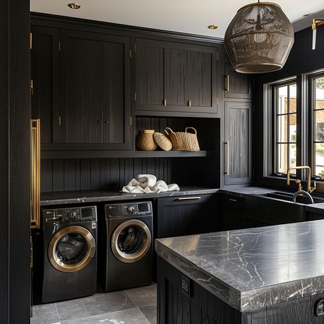 21 Stunning Laundry room Designs That Combine Elegance with Efficiency Laundry Room Black Tile Floor, Restoration Hardware Laundry Room, Dark Green Cabinet Laundry Room, Laundry Room With Black Countertop, Iron Ore Laundry Cabinets, Laundry Room Ideas Big, Dark Academia Laundry Room, Dark And Moody Laundry Room, Laundry Room With Black Washer And Dryer