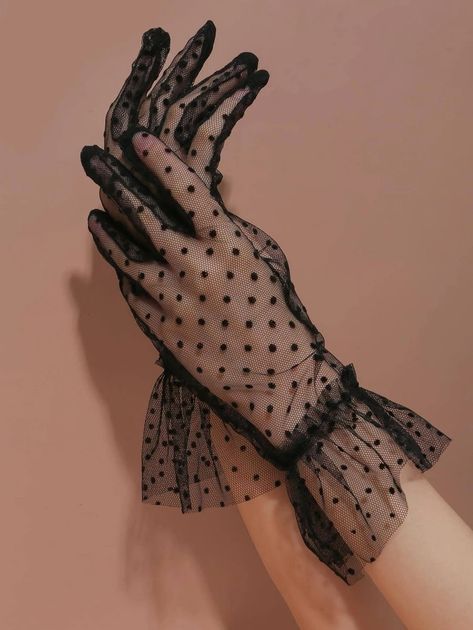 1pair Women Polka Dot Pattern Ruffle Trim Bridal Gloves For Wedding | SHEIN White Lace Gloves, Black Lace Gloves, Trims Fashion, Mesh Fashion, Fashion Gloves, Wedding Tea, Bridal Gloves, Geometric Wedding, Lace Cuffs