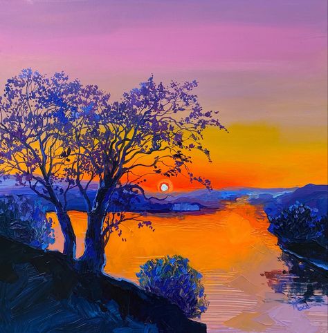 Trees And Sunset Painting, Sunset Forest Painting, Anastasia Trusova, Sakura Painting, Sunset Trees, Sunset Painting Acrylic, Amazing Paintings, Painting Subjects, Landscape Art Painting