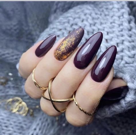 Late Fall Nail Designs, Fall Almond Acrylic Nails, Almond Shaped Nails Designs Fall, Autumn Nails Almond Shape, Purple Almond Nails Design, Purple Autumn Nails, Almond Nails Fall Colors, Brown Gold Nails, Almond Nails Autumn