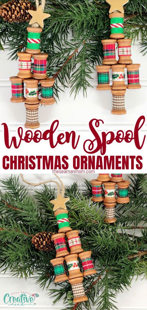 Wooden Spool Ornaments, Spool Christmas Ornaments, Spool Christmas Tree, Spool Ornaments, Pinterest Christmas Crafts, Wooden Spool Crafts, Spool Crafts, Vintage Inspired Christmas, Wooden Spool