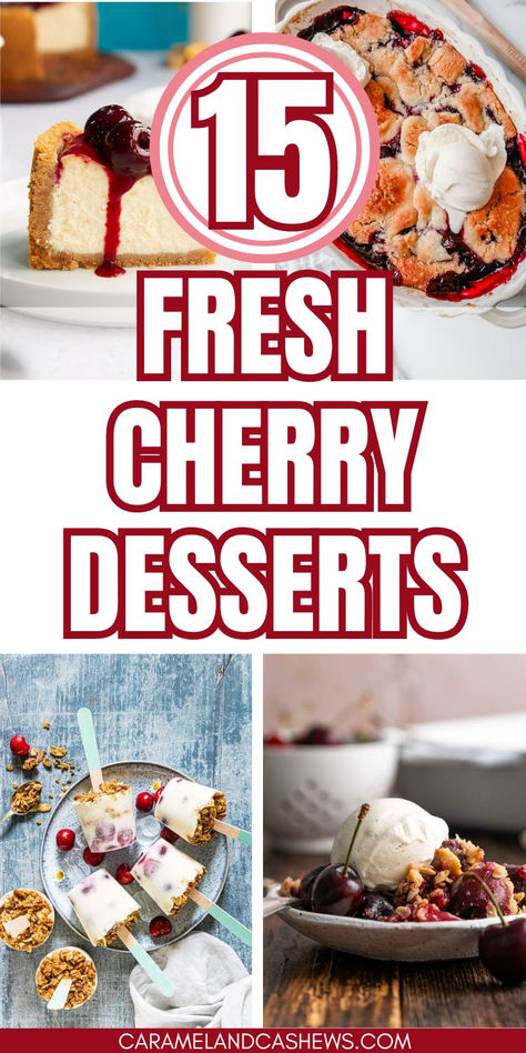 cherry cheesecake, cherry cobbler, cherry yogurt popsicles, cherry crisp with ice cream. Recipes Using Cherries, Cherry Recipes With Fresh Cherries, Dark Cherry Recipes, Black Cherry Dessert Recipes, Recipes With Fresh Cherries, Desserts With Cherries, Fresh Cherry Desserts, Frozen Cherry Recipes, Recipes With Cherries