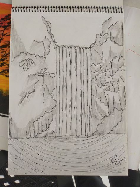 Drawing Of Waterfall, Waterfall Sketch Simple, Easy Waterfall Drawing, Water Fall Drawing Easy, Water Fall Painting Ideas, How To Draw Waterfall, How To Draw A Waterfall, Water Falls Drawing, Waterfall Drawing Easy