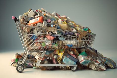 A supermarket trolley full of rubbish can be a powerful symbol of overconsumption in today&#x27;s society. Generative AI stock photography Overconsumption Photography, Overconsumption Aesthetic, Overconsumption Illustration, Overconsumption Fashion, Overconsumption Art, Anti Consumption, Gloom Aesthetic, Supermarket Trolley, June Gloom