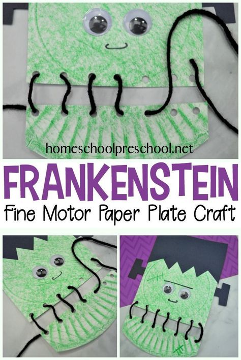 Fall Fine Motor Crafts, Frankenstein Kids Craft, Roll A Frankenstein, Frankenstein Activities For Kids, Paper Plate Frankenstein Craft, Halloween Craft For 2nd Grade, Halloween Fine Motor Activity, Frankenstein Activities, Frankenstein Crafts For Kids