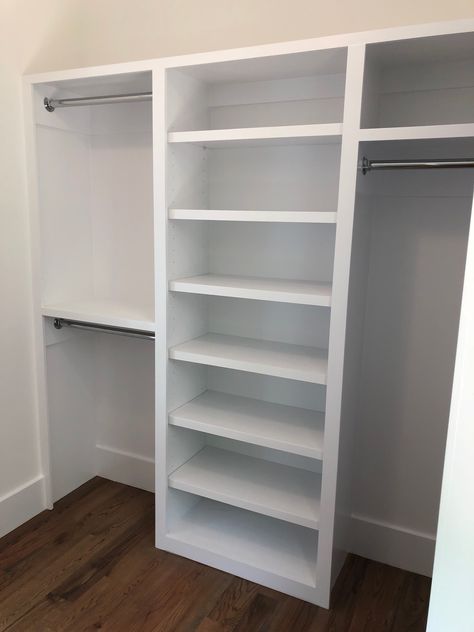 Smaller Closet Ideas, Small Closet Built Ins Storage, Open Shelving In Closet, 6ft Closet Layout, Nursery Closet With Sliding Doors, Diy Small Closet Built Ins, 4ft Closet Layout, Closets With Windows, Farmhouse Bedroom Closet