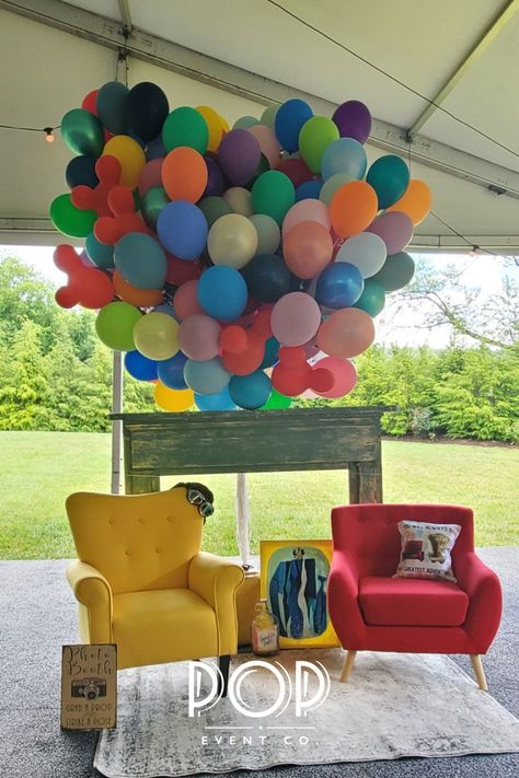 Up Disney Room, Fun Themed Wedding Ideas, Up Themed Anniversary Party, Up Themed Housewarming Party, Up Theme Bedroom Disney, Pixar Up Party Decorations, Up Disney Party Ideas, Up Movie Backdrop, Up Engagement Party