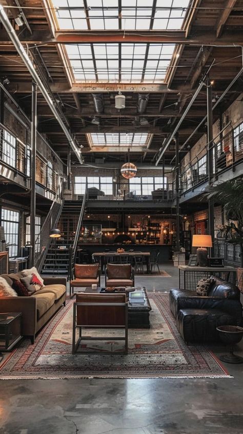 Ny Loft Apartment Industrial, Warehouse Shop Design, Industrial House Aesthetic, Warehouse Living Industrial, Warehouse Home Converted, Warehouse Interior Design, Industrial Warehouse Home, Modern Warehouse Design, Loft Decorating Ideas