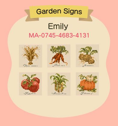 Acnh Villager Signs, Veggie Signs Acnh, Acnh Vegetable Garden Sign, Signs Acnh Codes, Acnh Sign Design Code Vegetable, Acnh Crop Design, Acnh Custom Design Codes Cottagecore, Crop Signs Acnh, Acnh Custom Signs