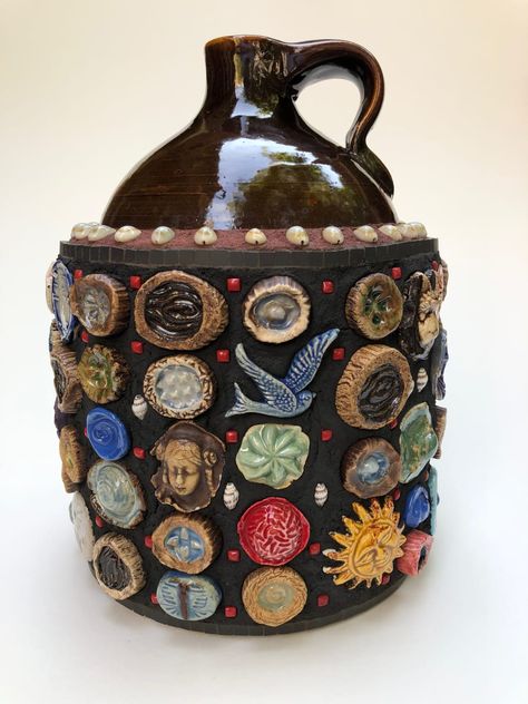 Memory Ware Jug #3 - The One With the Blue Birds by | Artwork Archive Memory Jug, Memory Jugs, Big Pots, Memory Art, Memory Jars, Memory Jar, Mosaic Pots, Vintage Jugs, Face Jugs