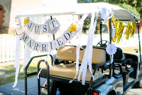 Nothing says beach wedding like a “just married” sign on the back of a golf cart! Golfcart Decoration Ideas, Wedding Golf Cart Decorating Ideas, How To Decorate A Golf Cart For A Wedding, Decorated Golf Cart, Just Married Golf Cart Decorations, Golf Cart Wedding Exit, Just Married Golf Cart, Golf Cart Decorations, Wedding Sides