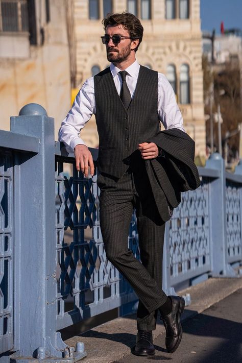 Modernize your closet with the Black Double-Sided Vest Suit 3-Piece from VIOSSI, featuring a unique double-sided vest that adds a contemporary edge to a timeless and sophisticated ensemble. #blackvestsuit #doublesidedvest #VIOSSI #mensfashion #contemporarystyle #sophisticatedlook #suitstyle #versatileensemble Black Suit Vest, Suit Styles, Double Breasted Tuxedo, Suit Stores, Vest Suit, Slim Fit Suit Men, Slim Fit Tuxedo, Slim Fit Suits, Grey Plaid