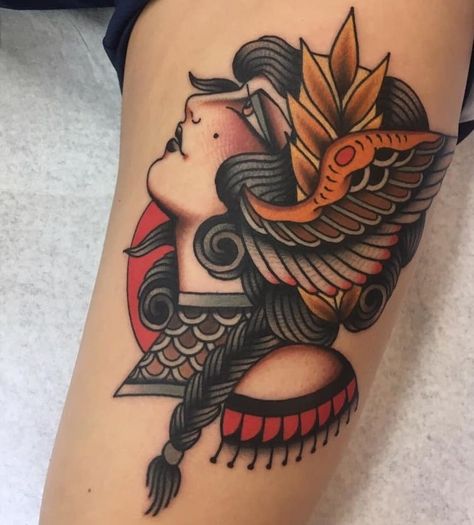 Cloak And Dagger Tattoo, Traditional Tattoo Girls, Hair Shading, Traditional Tattoo Woman, Athena Tattoo, Background Hair, Valkyrie Tattoo, Traditional Style Tattoo, Traditional Tattoo Sleeve