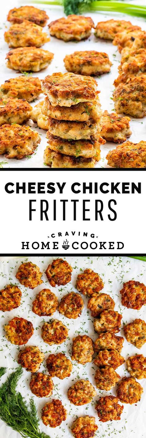 These Cheesy Chicken Fritters are ooey gooey, cheesy little morsels. They've got it all - crunch, moisture, fresh herbs, and some picture worthy cheese pulls. If you've ever felt a little bored with chicken breast, wait till you meet my fritters. #cheese #chicken #fritters Cheesy Chicken Fritters, Chicken Fritters Recipe, Chicken Appetizer, Chicken Fritters, Chicken Keto, Fritters Recipe, Patties Recipe, Chicken Patties, Fritter Recipes