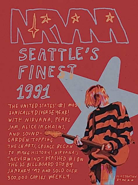 nirvana, band poster, grunge, seattle rock, kurt cobain, illustration, graphic design, digital art, red poster, print, guitar, procreate, drawing, portfolio work, nevermind, pearl jam, alice in chains, soundgarden, star, art, ipad Indie Rock Poster Graphic Design, Indie Rock Band Posters, Kurt Cobain Posters, Indie Band Posters Graphic Design, Band Poster Illustration, Nirvana Graphic Design, Graphic Design Band Poster, Graphic Design Posters Procreate, Band Gig Poster