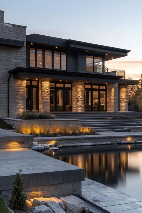 35 Stunning Luxury Modern Homes That Will Wow You Expensive Modern House, Modern Millionaire House, Cozy Luxury House, Epoxy Landscape, House Exterior Modern Luxury, Luxury Dark House, Dark Green Home Exterior, Dream House Exterior Modern Luxury, Black Stone House