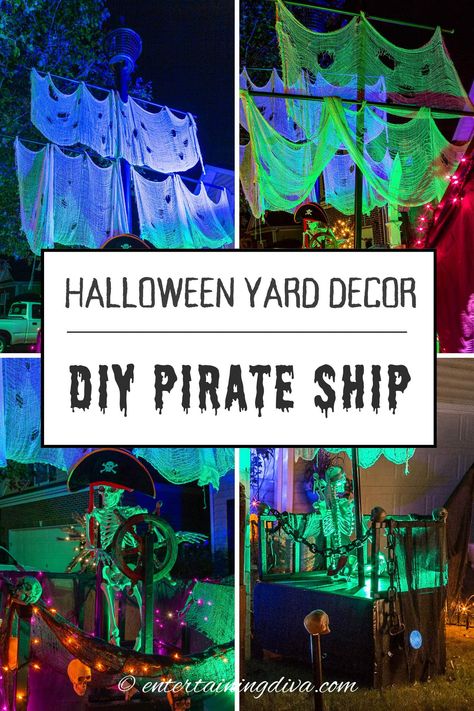 DIY Pirate Ship Halloween Decor Pirate Ship Prop, Pirate Ship Halloween, Pirate Party Tables, Diy Pirate Ship, Haunted Pirate Ship, Pirate Halloween Decorations, Diy Pirate, Halloween Haunted House Decorations, Pirate Decor