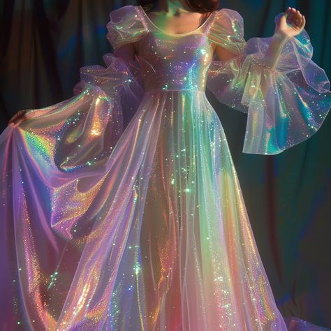 Irredescent Rainbow Dress, Iridescent Fantasy Dress, Iridescent Mermaid Aesthetic, Multicolor Fairy Style Dress-up Dresses, Fantasy Princess Dress Aesthetic Purple, Sirens Fashion, Creative Story Ideas, Ren Faire Costume, Fairy Outfit