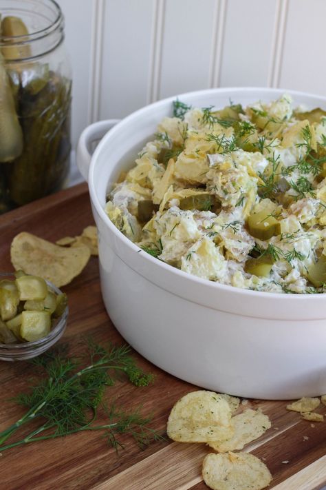 Dill Pickle Potato Chip Salad - Potato Chip Salad, Dill Pickle Potato Chips, Pickle Potato Chips, Chip Salad, Blackberry Cocktail, Dill Pickle Chips, Classic Potato Salad, Super Salads, Summer Sides