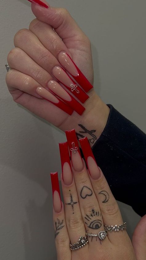 pretty & unique nails. Long Nails Red, Tattoos In Other Languages, Nails Spooky, Red French Tip, Long Red Nails, Cross Nails, Spooky Nails, Long Square Nails, Mood Style