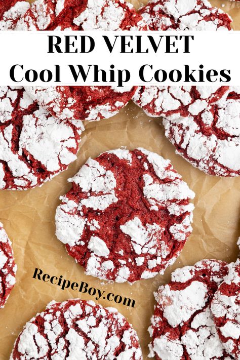 Red Velvet Cool Whip Cookies recipe from RecipeBoy.com Crinkle Cookies Recipe With Cool Whip, Cool Whip Chocolate Cookies, 3 Ingredient Red Velvet Cookies, Cool Whip Red Velvet Cookies, Red Velvet Cookies With Cool Whip, Red Velvet Cookie Recipes Easy, Red Velvet Cake Cookies Easy, Edible Red Velvet Cookie Dough, Christmas Cool Whip Cookies