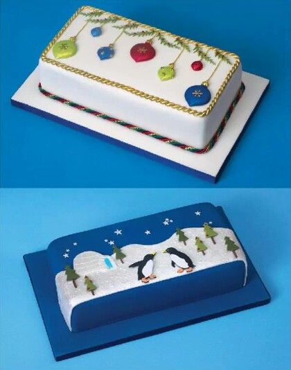 Christmas rectangular cake design                                                                                                                                                                                 More Rectangular Christmas Cake, Christmas Sheet Cake Designs, Christmas Sheet Cake, Christmas Cake Decoration, Christmas Cake Decorating, Christmas Cookie Cake, Rectangular Cake, Winter Cakes, Xmas Cakes