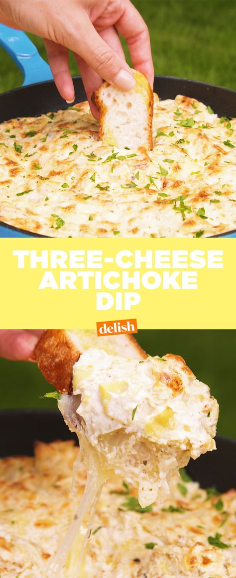 Baked Three-Cheese Artichoke DipDelish Cheese Artichoke Dip, Baked Artichoke Dip, Baked Dip, Baked Artichoke, Delicious Dips, Artichoke Dip Recipe, Cheese Baked, Healthy Vegetable Recipes, Snack Dip