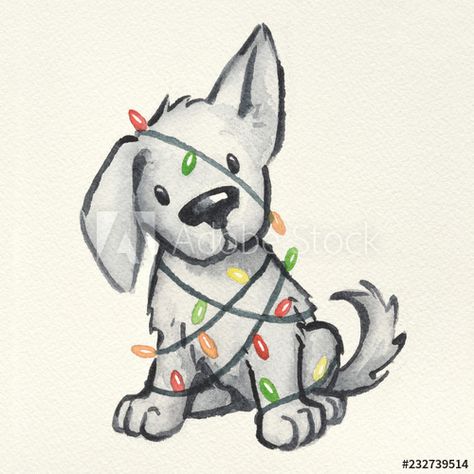 cute puppy dog wrapped in Christmas tree lights, hand painted and drawn watercolor Christmas illustration, funny naughty puppy Christmas card design - Buy this stock illustration and explore similar illustrations at Adobe Stock Puppy Christmas Card, Xmas Drawing, Cute Dog Drawing, Puppy Christmas, Illustration Funny, Dog Wrap, Arte Peculiar, Christmas Tree Lights, Dog Sketch