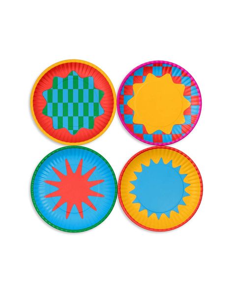 set of four dessert plate set with vibrant color blocking Fun Dinnerware Sets, Ceramic Plate Design, Aesthetic Dinnerware, Pottery Plate Ideas, Mcm Apartment, Funky Kitchen Decor, Cool Ceramics, Retro Plates, Dopamine Design