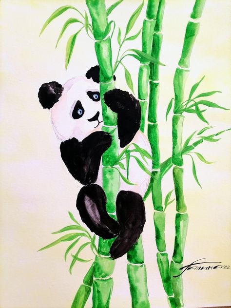 Tattoos Panda, Watercolor Painting Easy, Bamboo Tattoo, Paper Artwork, Watercolor On Paper, Painting Inspiration, Art Works, Pluto The Dog, Original Watercolors