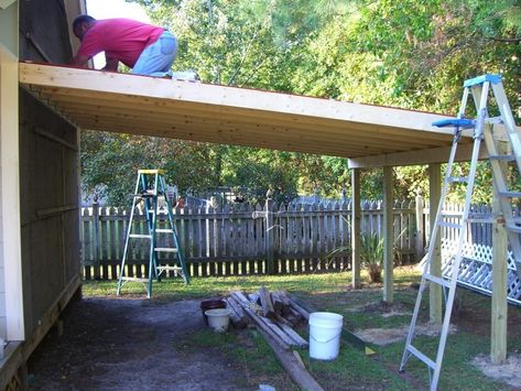 Maybe widen the lean to? Lean To Carport, Carport Addition, Corrugated Plastic Roofing, Building A Carport, Diy Carport, Plastic Roofing, Curved Pergola, Lean To Roof, Carport Plans