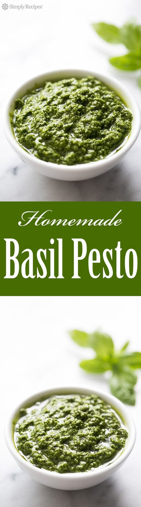 Make your own homemade pesto. It's easy! Great for adding to pasta, chicken, even toast. With fresh basil leaves, pine nuts, garlic, Romano or Parmesan cheese, and olive oil. On SimplyRecipes.com #freezer-friendly #basil #pesto Fresh Basil Pesto Recipe, Fresh Basil Recipes, Homemade Basil Pesto, Basil Pesto Recipe, Pesto Sauce Recipe, Basil Pesto Recipes, Pasta Chicken, Homemade Pesto, Pesto Recipe