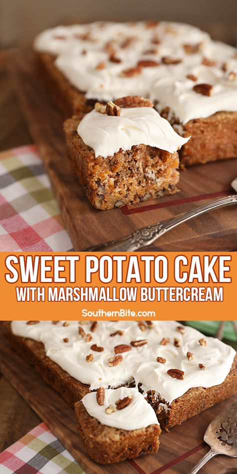 I took the best carrot cake recipe ever and swapped the carrots for sweet potatoes in this Sweet Potato Cake with Marshmallow Buttercream! The dense, rich, and super moist sheet cake is topped with a decadently sweet marshmallow buttercream. It's the perfect dessert for fall! Cake With Marshmallow Frosting, Marshmallow Buttercream Frosting, Best Carrot Cake Recipe, The Best Carrot Cake, Marshmallow Buttercream, Sweet Potato Muffins, Marshmallow Frosting, Sweet Potato Cake, Best Carrot Cake