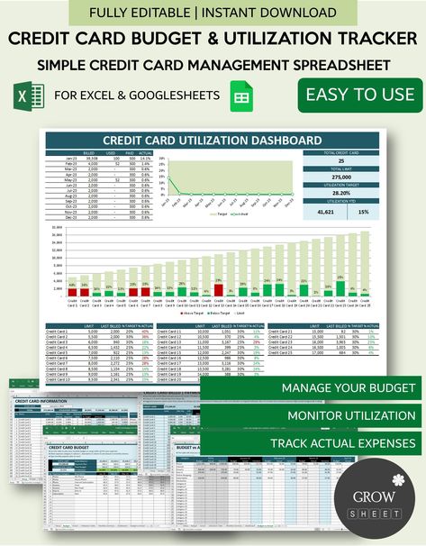 Credit Card Budget Planner and Utilization Tracker Spreadsheet |  Credit Card Manager for Excel and Google Sheets | Debt Payment Tracker digitalplannerfreebie #plannerstickers Credit Card Utilization Chart, Debt Snowball Spreadsheet, Debt Payment Tracker, Credit Card Tracker, Work Hacks, Excel Budget Spreadsheet, Payment Tracker, Credit Card Organizer, Work Hack