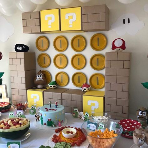 Mario Themed Snacks, Bolo Simpsons, Birthday Cake Boys, Mario Kart Party, Princess Peach Party, Mario Bros Birthday Party Ideas, Brother Ideas, Nintendo Party, Super Mario Bros Birthday Party