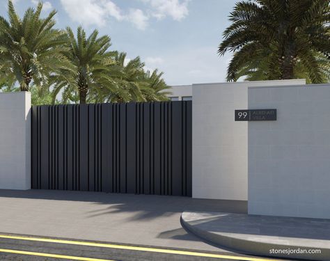 Villa Gate Design Modern, House Fence Design Gates, Modern House Gate Design, Exterior Fence Wall Design, Wall Fence Design Modern, Villa Gate Design, Villa Entrance Design Exterior, Fence Wall Design Modern, Modern Fences And Gates