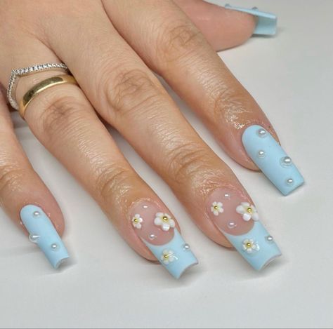 Nail Blue French, Elegant Touch Nails, Flower Clay, Baby Blue Nails, Matte Top Coat, Square Nail Designs, Nail Blue, Winter Nails Acrylic, Nails Tips