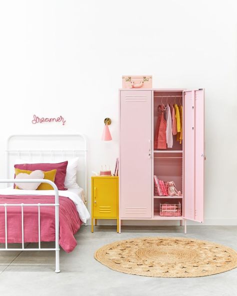 Mustard Made, Inside Doors, Colorful Storage, Metal Lockers, Kids Wardrobe, Daughters Room, Hanging Rail, Pink Walls, Bedroom Themes