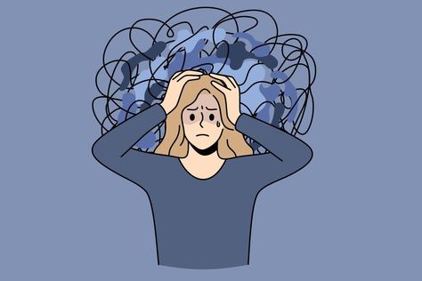 Chaos and mess in mind concept. Frustrated young stressed girl standing touching head having messy thoughts and no clearance in mind vector illustration Messy Thoughts, Mental Health Artwork, Woman With Blue Eyes, Hand On Head, Emoji Set, Emotion Faces, Smile Icon, Comic Face, Feeling Fatigued