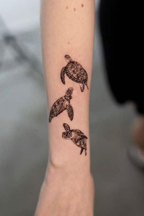 Looking for Sea Turtle Tattoos?! If you're looking for sea turtle tattoo ideas, whether simple or realistic sea turtle tattoos - These are the perfect sea turtle tattoos for women Sea Turtle Forearm Tattoo, Sea Turtle Arm Tattoo, Swimming Turtle Tattoo, Three Turtles Tattoo, 3 Turtle Tattoo, Sea Turtle Tattoos For Women, Turtle Tattoos For Women, Fine Line Turtle Tattoo, Sea Turtle Tattoo Ideas