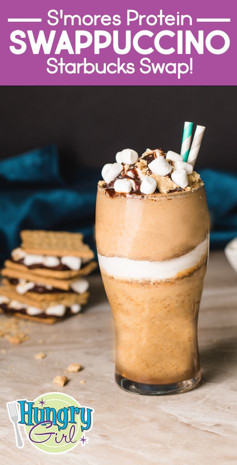 S'mores Frappuccino Swap with Protein + More Healthy Starbucks Recipe Makeovers | Hungry Girl Smores Frappuccino Starbucks Recipe, Protein Frappucino, Caramel Frappe Protein Shake, S’mores Frappuccino Recipe, Coffe Drinks, S’mores Frappuccino Starbucks, Bariatric Desserts, Healthier Drinks, Blended Coffee Drinks