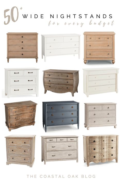 50 plus wide nightstands for every budget, including three drawer chests, small dressers, and options for children. #nightstand #bedroomfurniture #widenightstand #kidsroom #sharedkidsroom Three Drawer Chest Nightstand, Three Drawer Chest As Nightstand, 2 Drawer Chest Of Drawers, Small Dressers As Night Stands, Bachelors Chest As Nightstand, Nightstand In Living Room, Over Sized Nightstand, Chest Of Drawers As Nightstand, Inexpensive Furniture Where To Buy