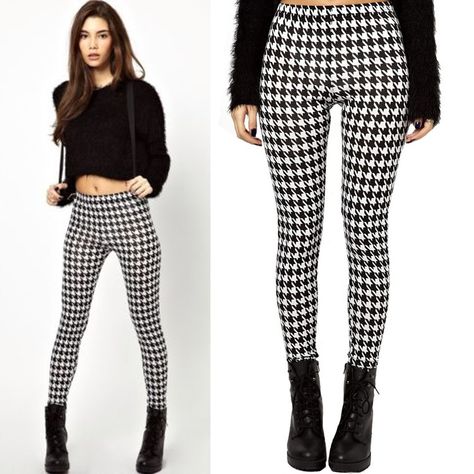 Plaid Black And White Pants Outfit, Leggins Cuadros Outfit, Black And White Leggings Outfit, Houndstooth Leggings Outfit, Plaid Leggings Outfit, Outfit Leggins, Houndstooth Outfit, Leggins Outfit, White Plaid Pants