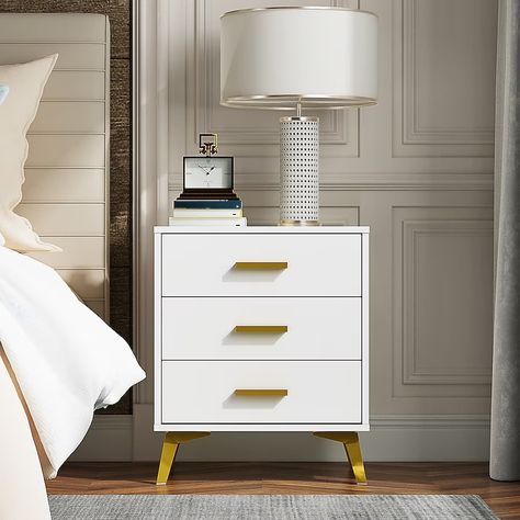 FUFU&GAGA Contemporary White 3-Drawer Modern Nightstand in the Nightstands department at Lowes.com Cute Nightstands, White And Gold Nightstand, Freshman Dorm Room, Gold Nightstand, Bedside Table Decor, Freshman Dorm, Bachelors Chest, 3 Drawer Nightstand, Apartment Decor Ideas